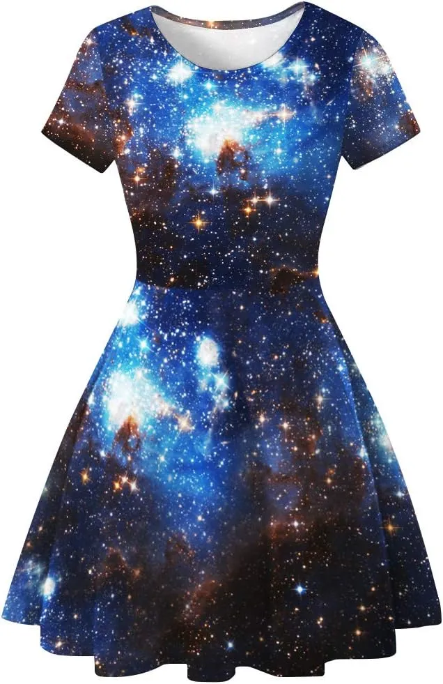 Women's 3D Print Short Sleeve Casual Flared Swing Midi Dress