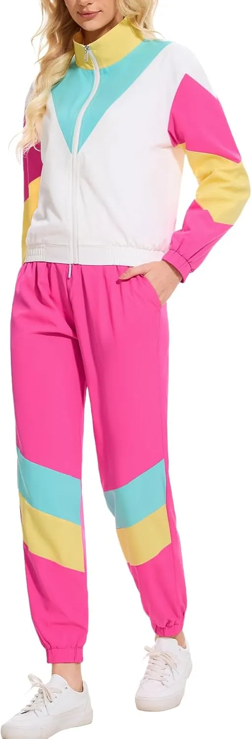 Womens 80s Outfits 90s Tracksuit Color Block 2 Piece Long Sleeve Windbreaker Jacket Set