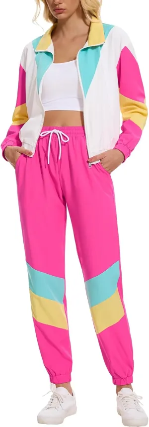 Womens 80s Outfits 90s Tracksuit Color Block 2 Piece Long Sleeve Windbreaker Jacket Set