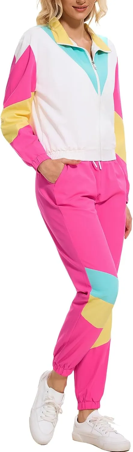 Womens 80s Outfits 90s Tracksuit Color Block 2 Piece Long Sleeve Windbreaker Jacket Set