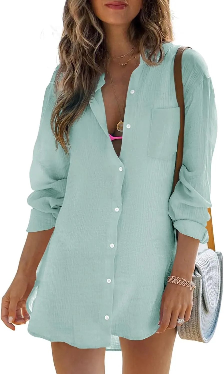 Womens Beach Cover Up Button Down Shirts Summer Cotton Gauze Tops Long Sleeve Bikini Swimsuit