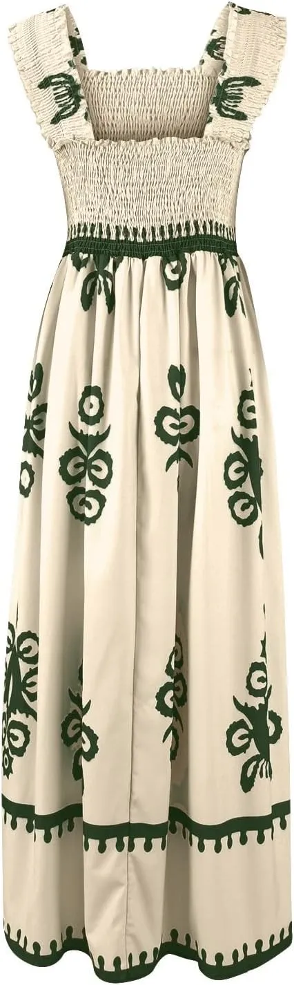 Women's Bohemian Floral Maxi Summer Sleeveless Beach Sundress with Smocked Bodice and Elegant Patterns