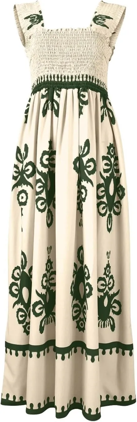 Women's Bohemian Floral Maxi Summer Sleeveless Beach Sundress with Smocked Bodice and Elegant Patterns