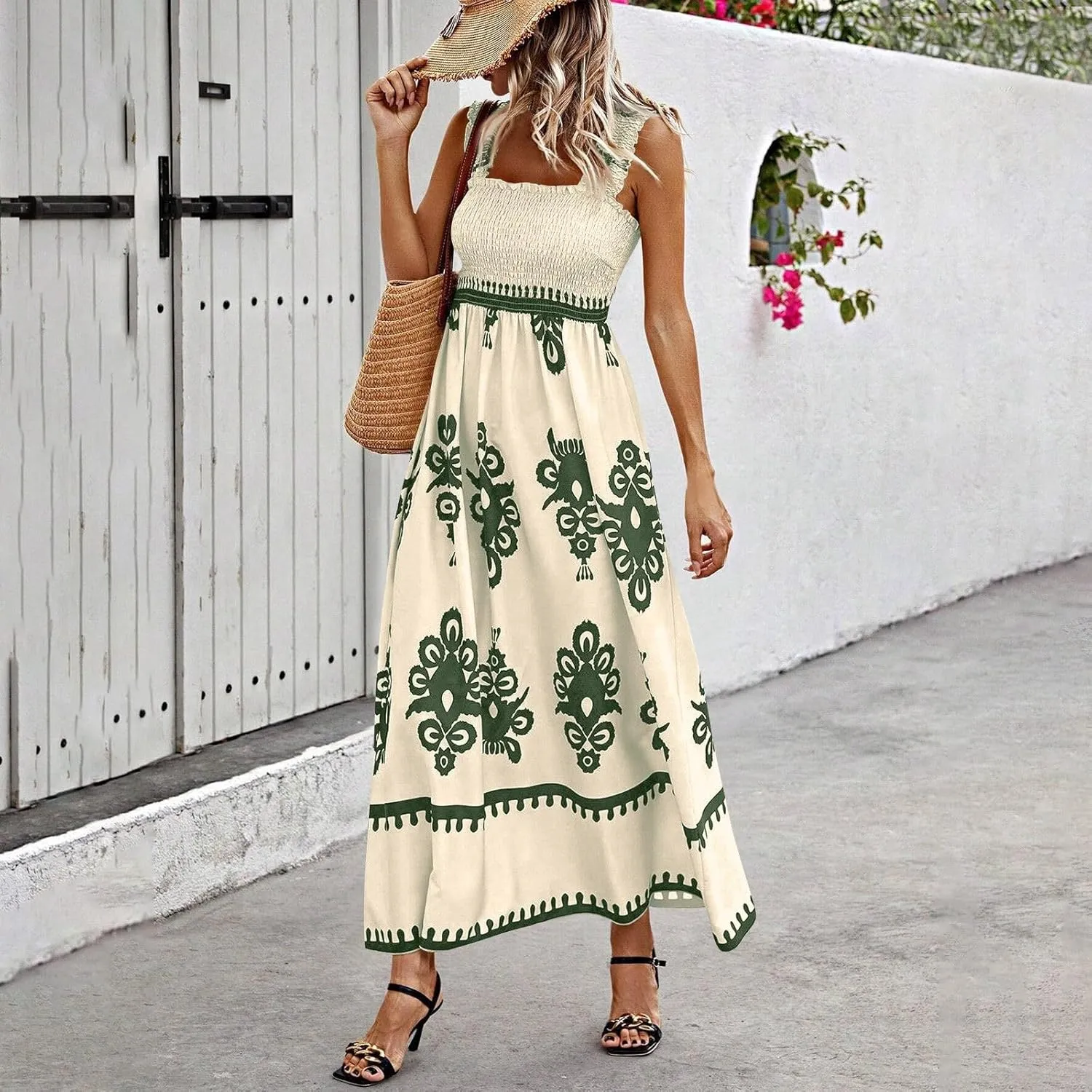 Women's Bohemian Floral Maxi Summer Sleeveless Beach Sundress with Smocked Bodice and Elegant Patterns