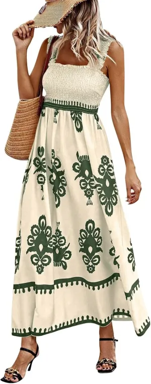 Women's Bohemian Floral Maxi Summer Sleeveless Beach Sundress with Smocked Bodice and Elegant Patterns