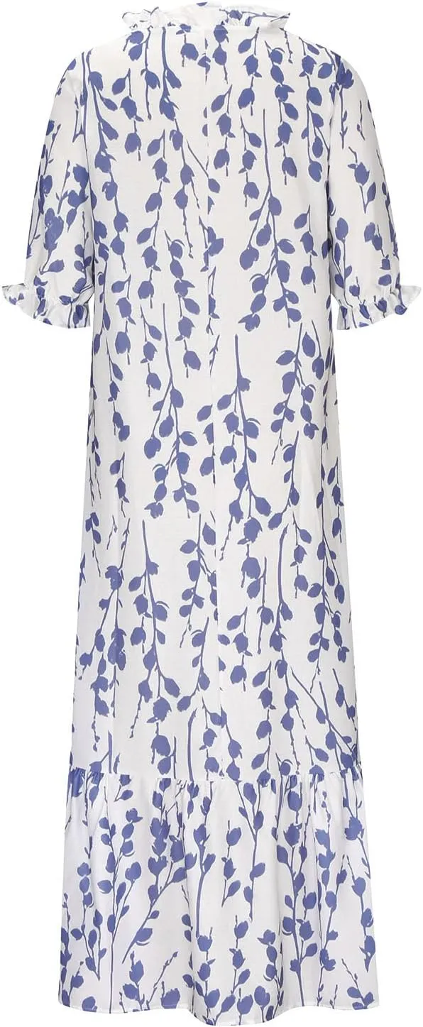 Womens Boho Printed Spring Summer Dress - V-Neck, Three-Quarter Sleeve, A-Line, Hide Belly