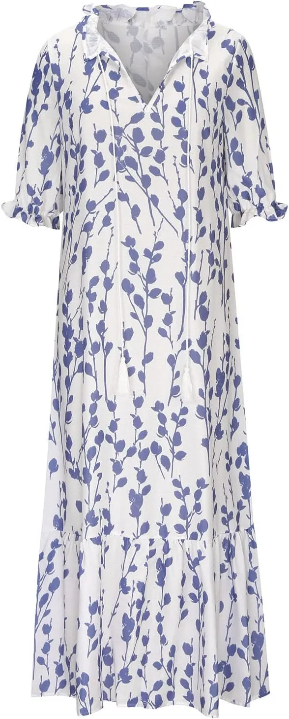 Womens Boho Printed Spring Summer Dress - V-Neck, Three-Quarter Sleeve, A-Line, Hide Belly