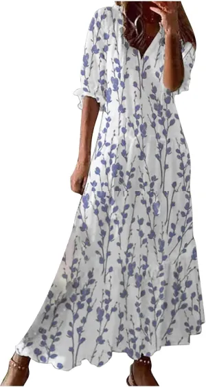 Womens Boho Printed Spring Summer Dress - V-Neck, Three-Quarter Sleeve, A-Line, Hide Belly
