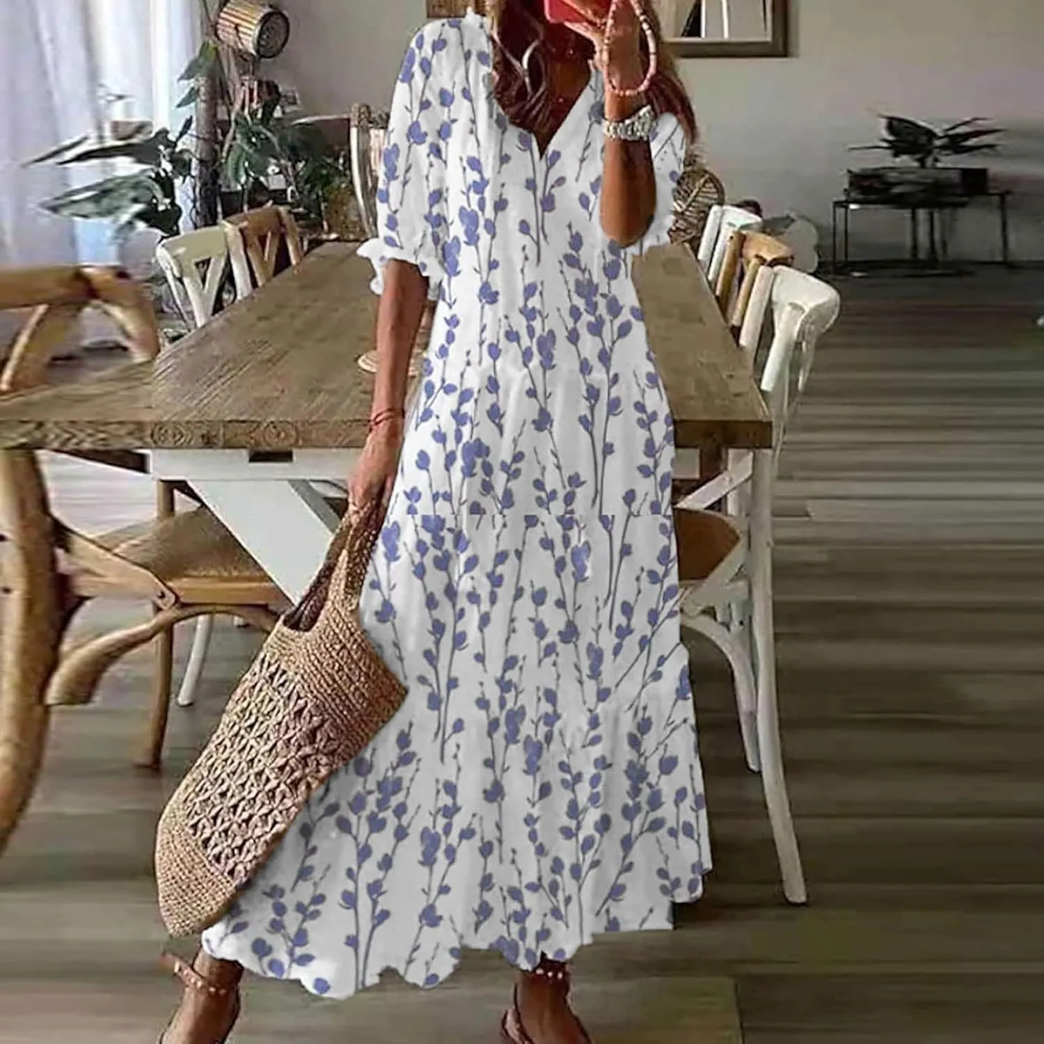 Womens Boho Printed Spring Summer Dress - V-Neck, Three-Quarter Sleeve, A-Line, Hide Belly
