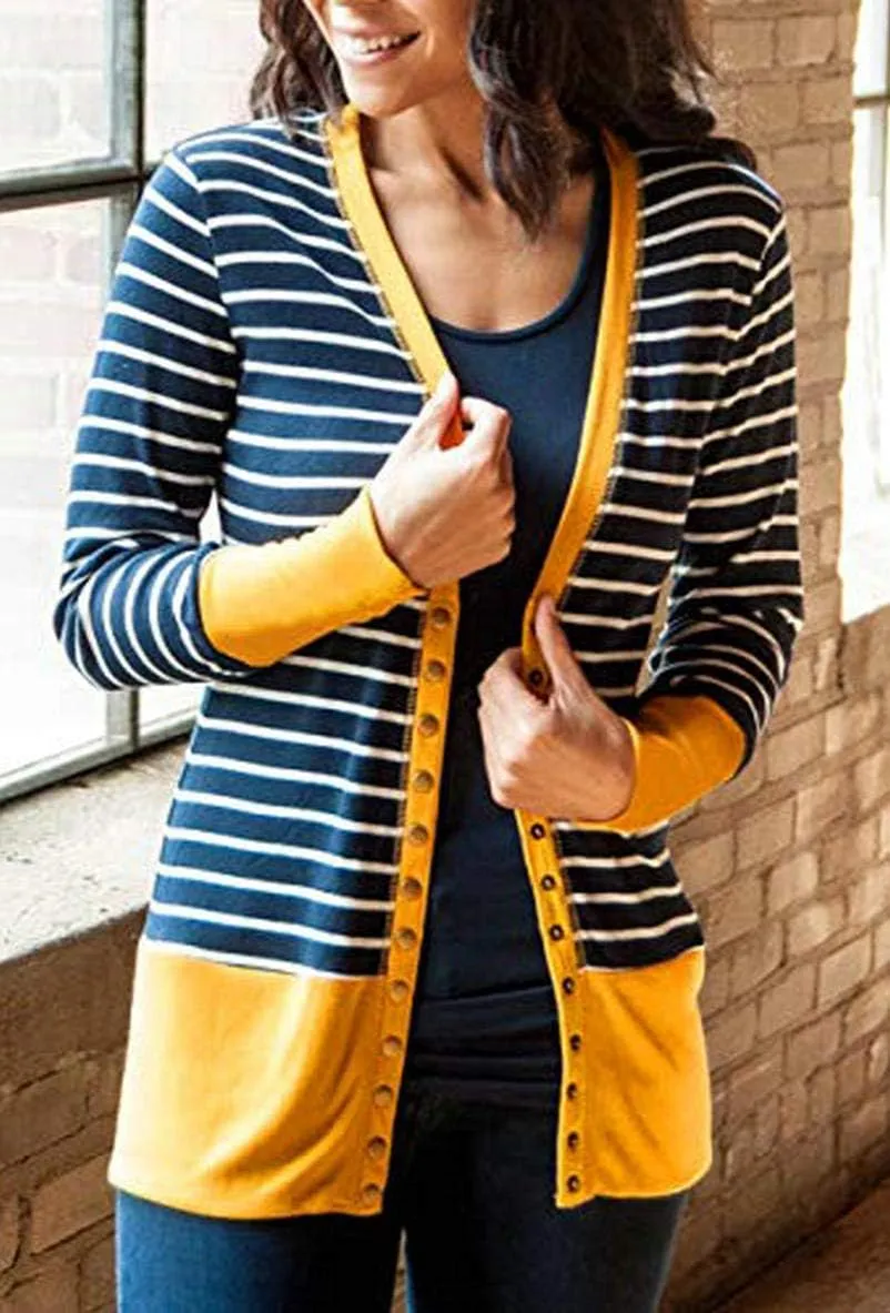 Women's Button Down Knitwear Casual Long Sleeve V-Neck Open Front Striped Cardigan Sweater