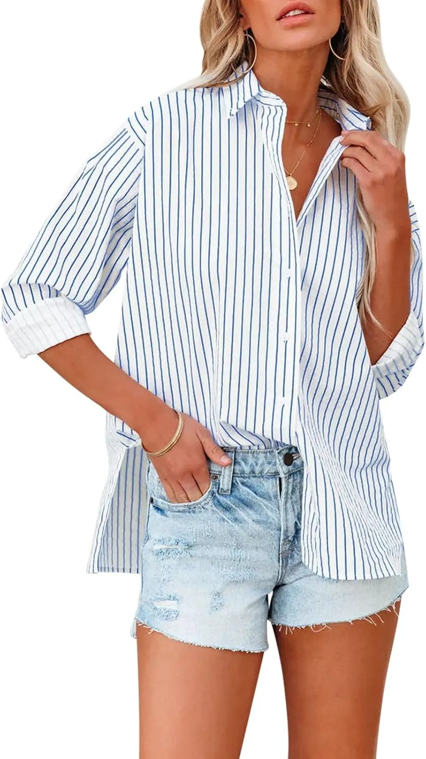 Womens Button Down Shirts Cotton Striped Dress Shirts Long Sleeve Button Up Collared Office Work Blouses Tops
