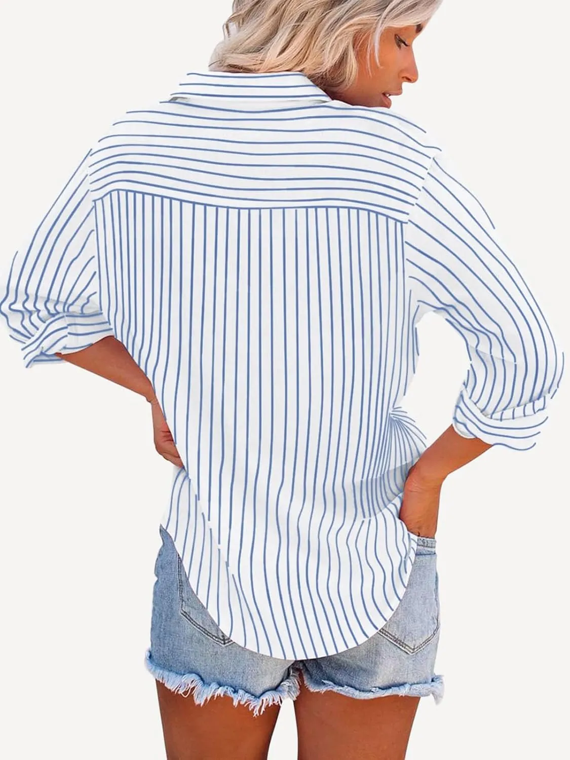 Womens Button Down Shirts Cotton Striped Dress Shirts Long Sleeve Button Up Collared Office Work Blouses Tops