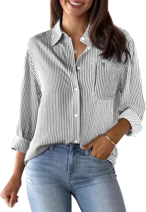 Womens Button Down Shirts Cotton Striped Dress Shirts Long Sleeve Button Up Collared Office Work Blouses Tops
