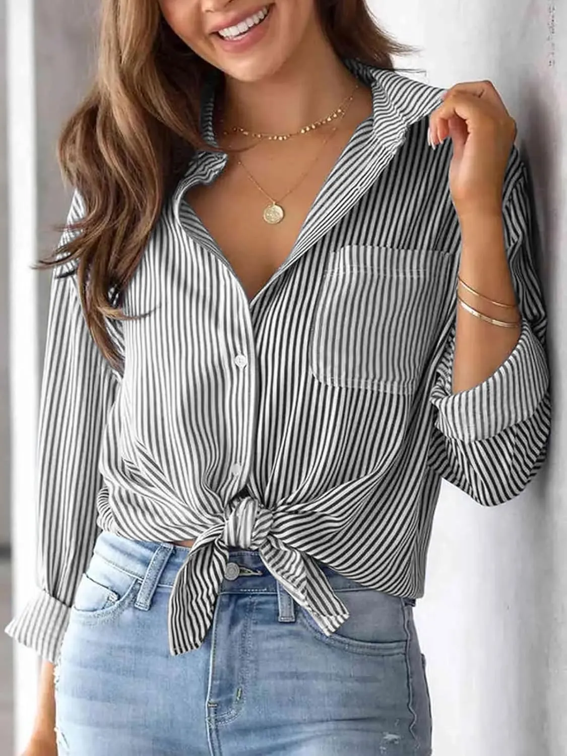 Womens Button Down Shirts Cotton Striped Dress Shirts Long Sleeve Button Up Collared Office Work Blouses Tops