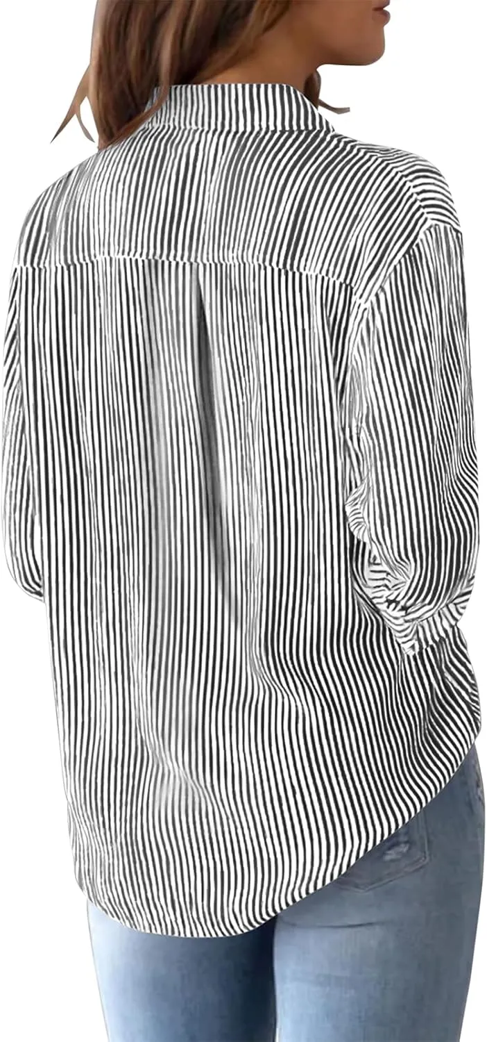 Womens Button Down Shirts Cotton Striped Dress Shirts Long Sleeve Button Up Collared Office Work Blouses Tops