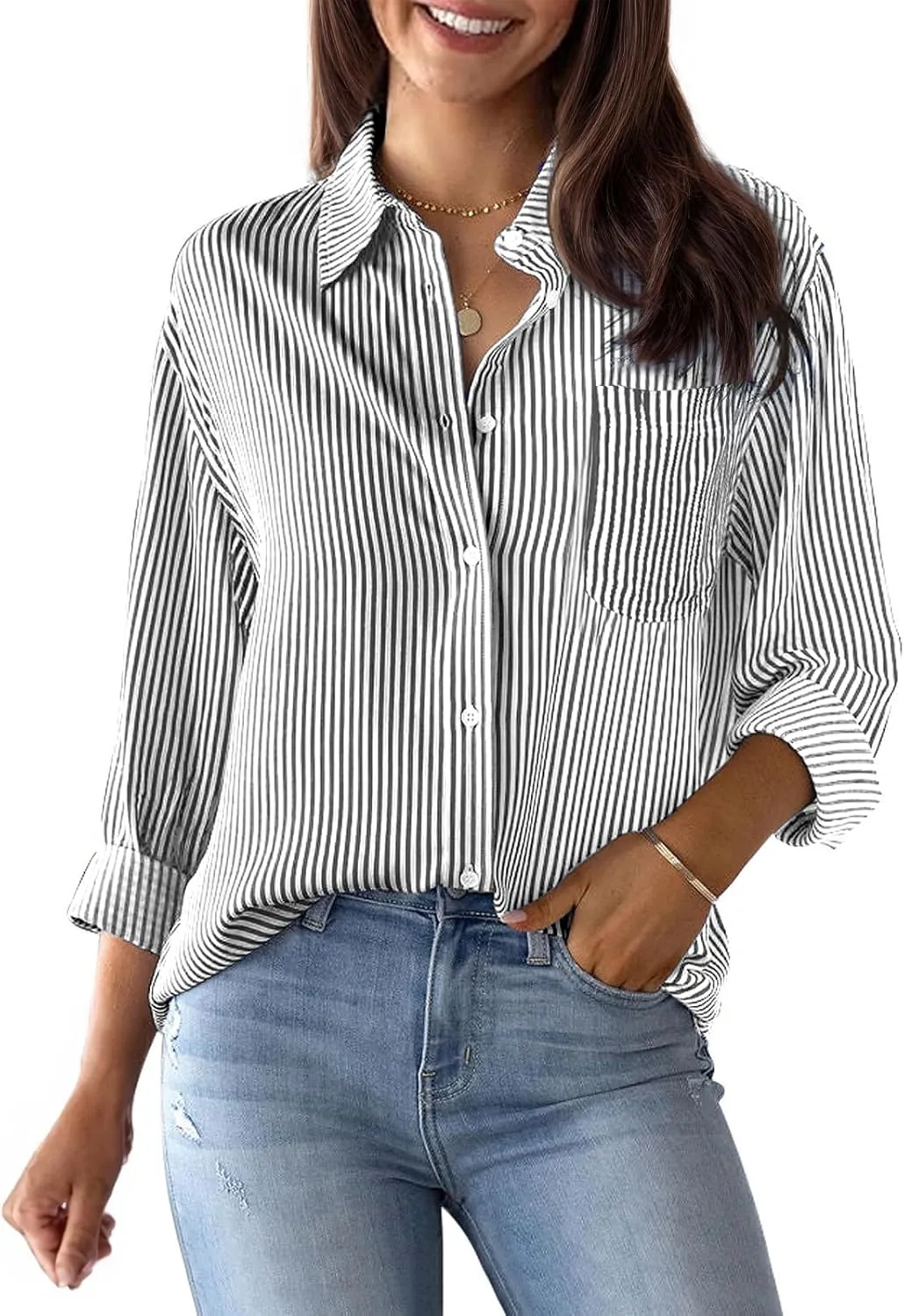 Womens Button Down Shirts Cotton Striped Dress Shirts Long Sleeve Button Up Collared Office Work Blouses Tops
