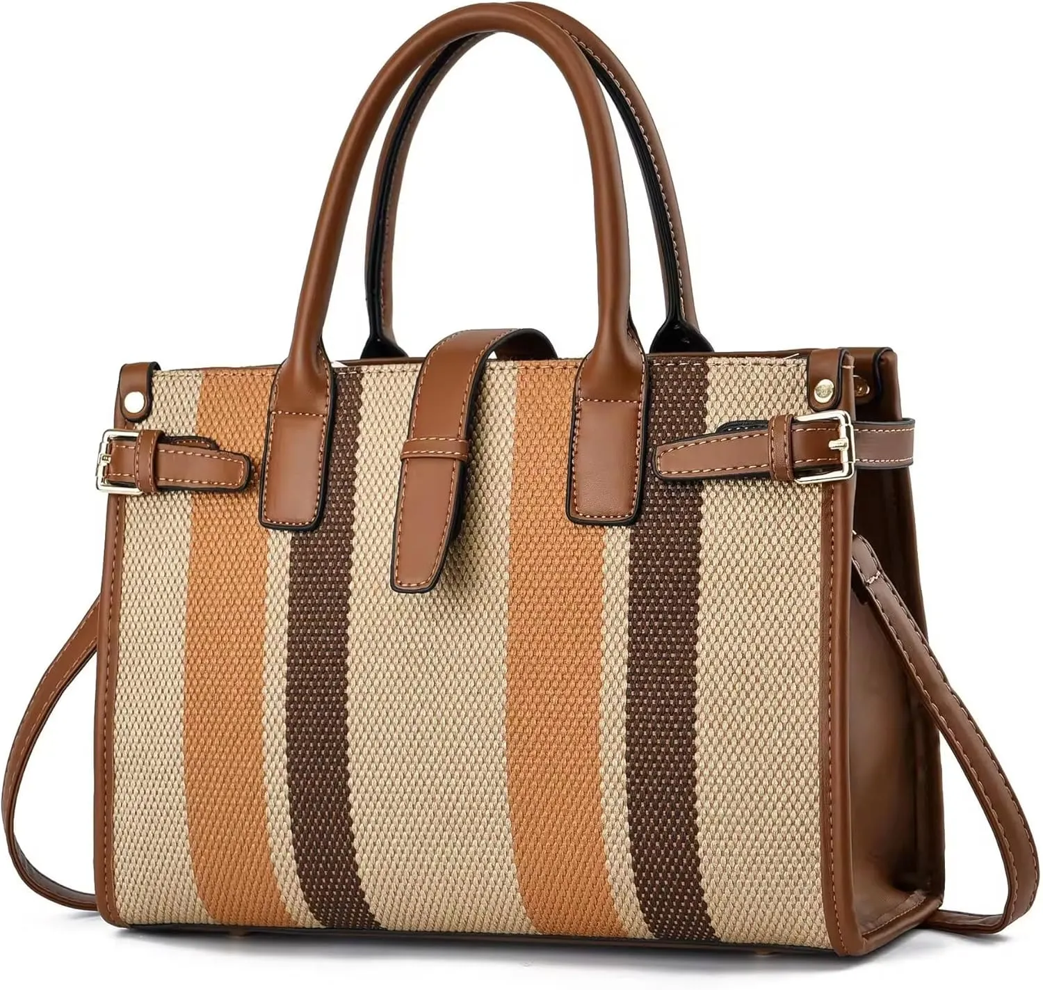 Women's Canvas Tote Bag with Brown and White Striped Design, Casual Handbag Large Canvas Tote Bag for Women - Multiple Colors