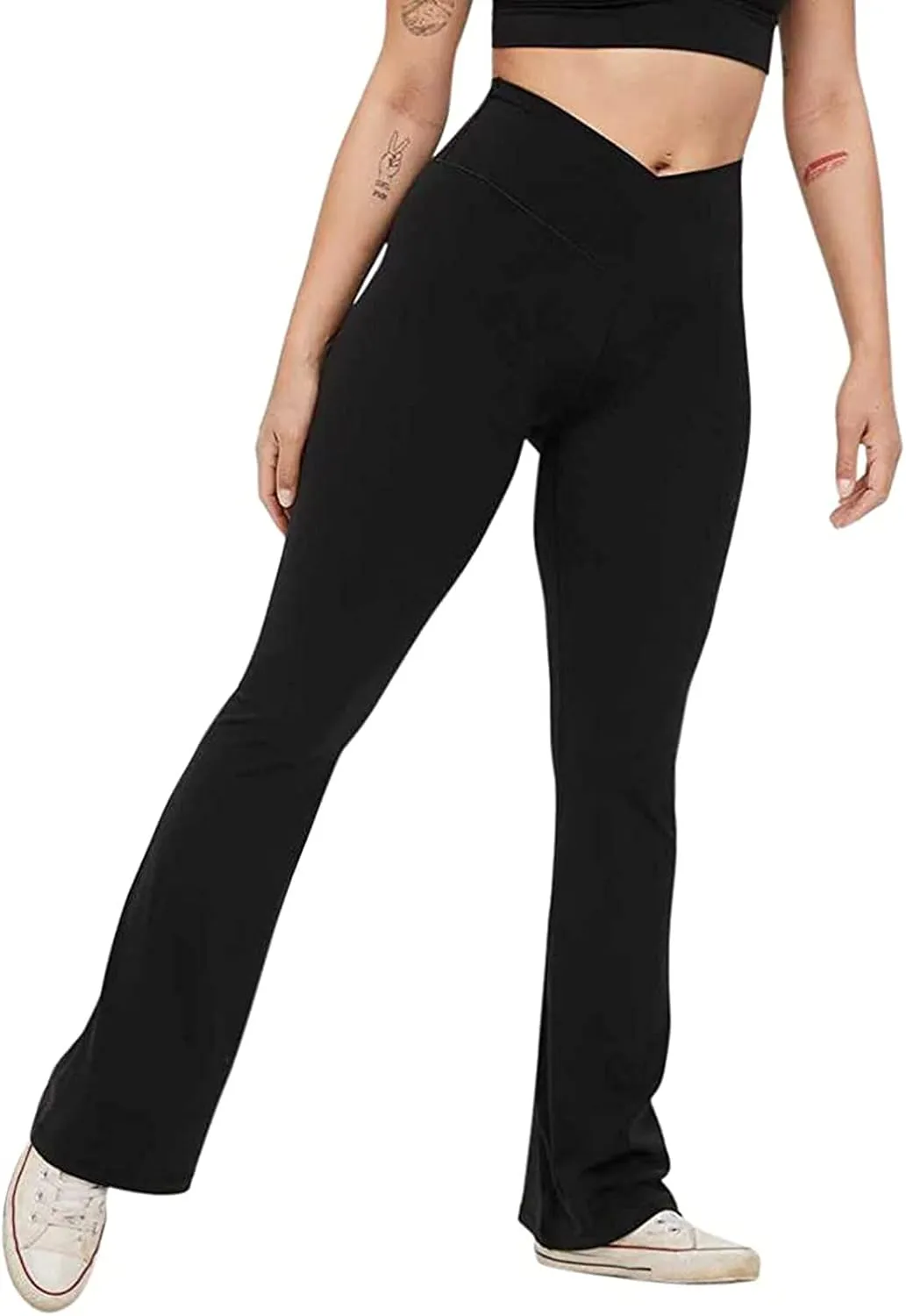 Women's Casual Comfy Bootleg Yoga Dress Pants V Crossover High Waist Flare Workout Pants Slim Stretch Solid Bootcut Leggings