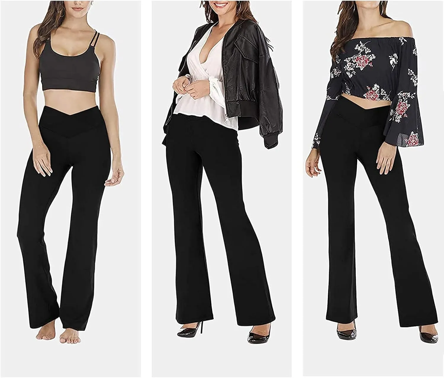 Women's Casual Comfy Bootleg Yoga Dress Pants V Crossover High Waist Flare Workout Pants Slim Stretch Solid Bootcut Leggings
