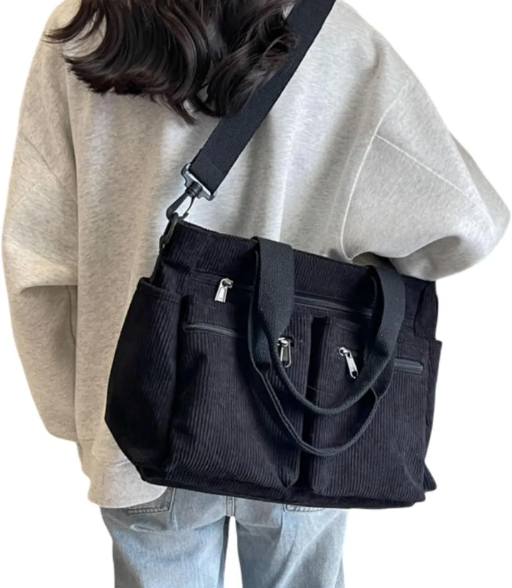 Womens Casual Corduroy Satchel Totes Handbags Large Capacity Tote Bag Purse Multiple Pockets Satchel Bag