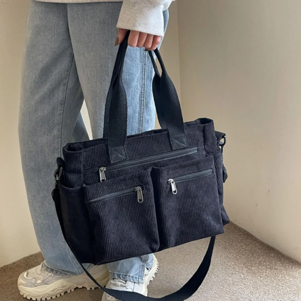 Womens Casual Corduroy Satchel Totes Handbags Large Capacity Tote Bag Purse Multiple Pockets Satchel Bag