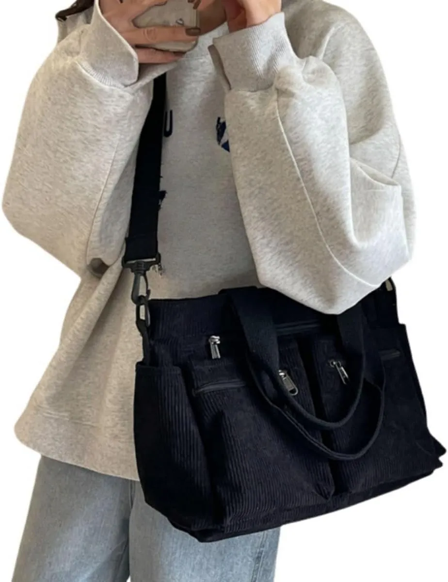 Womens Casual Corduroy Satchel Totes Handbags Large Capacity Tote Bag Purse Multiple Pockets Satchel Bag