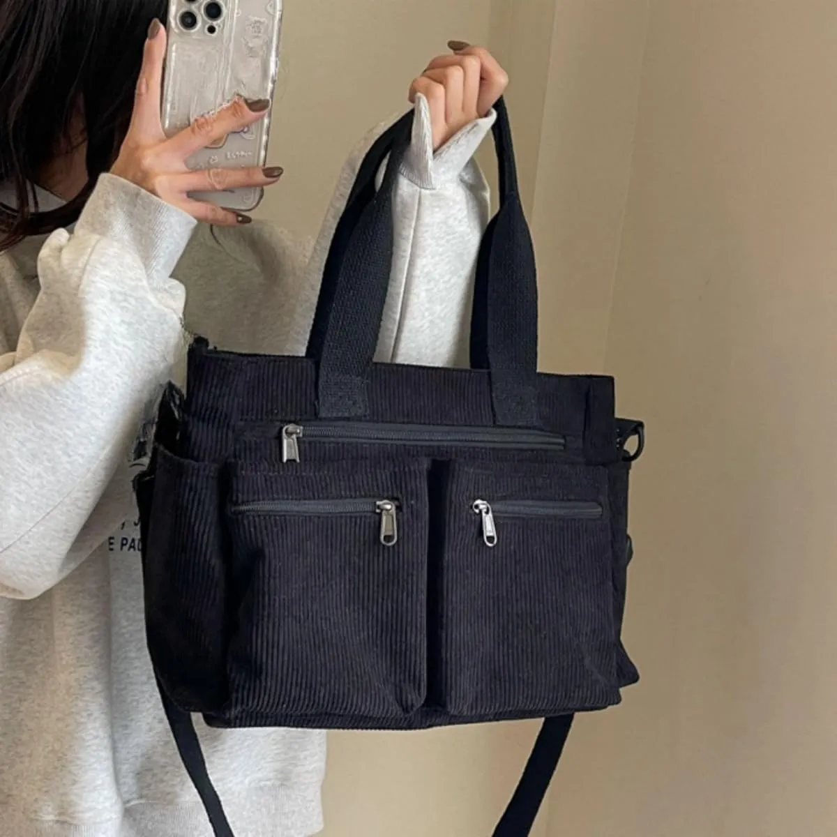 Womens Casual Corduroy Satchel Totes Handbags Large Capacity Tote Bag Purse Multiple Pockets Satchel Bag