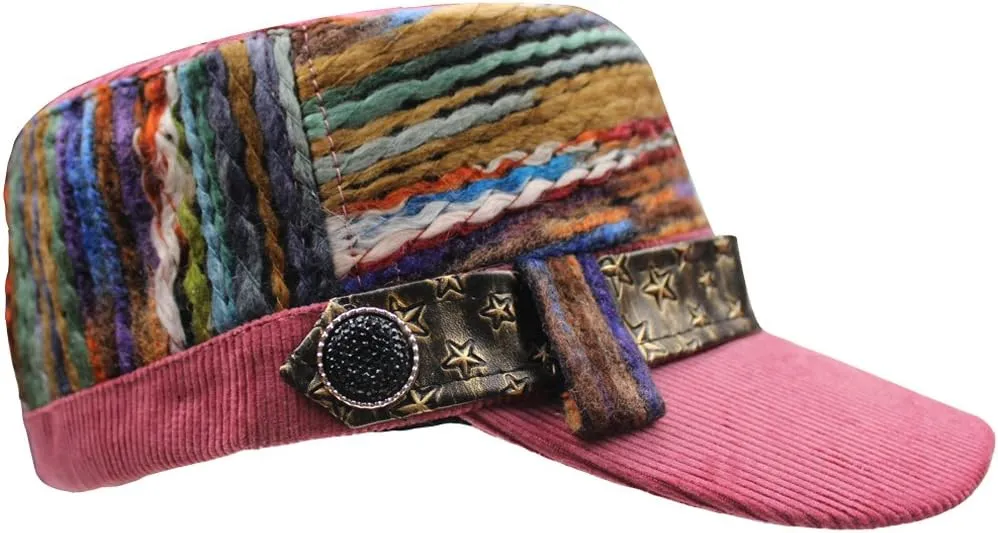 Womens Corduroy Rainbow Belts Flat Top Army Military Baseball Buckle Sun Hat Cap