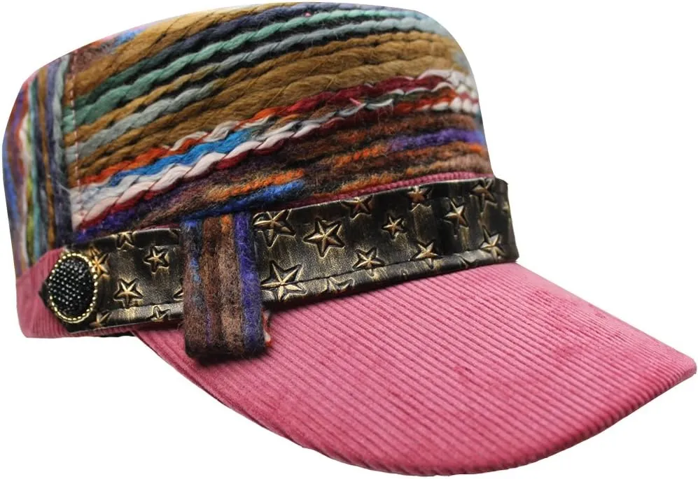 Womens Corduroy Rainbow Belts Flat Top Army Military Baseball Buckle Sun Hat Cap