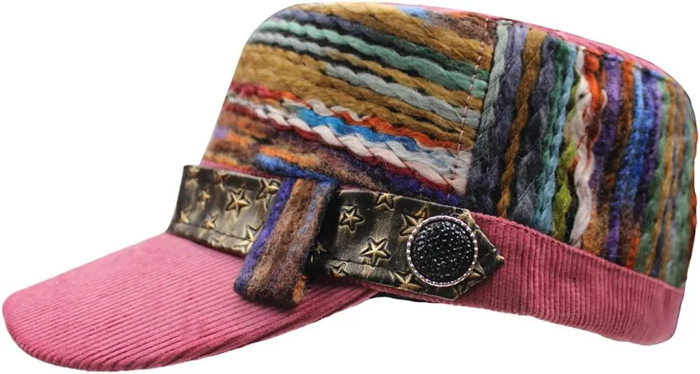 Womens Corduroy Rainbow Belts Flat Top Army Military Baseball Buckle Sun Hat Cap