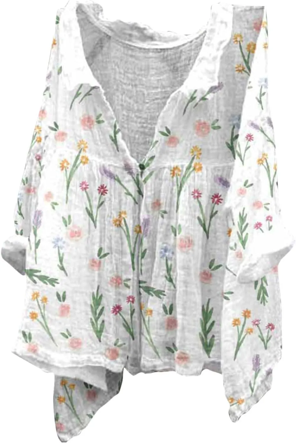 Womens Cotton Button Down Shirt Women's Floral Butterfly Print Natural Autumn Fragrant Casual Collared Blouses Loose