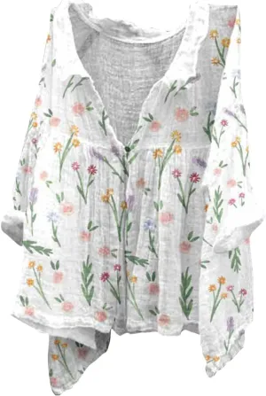 Womens Cotton Button Down Shirt Women's Floral Butterfly Print Natural Autumn Fragrant Casual Collared Blouses Loose