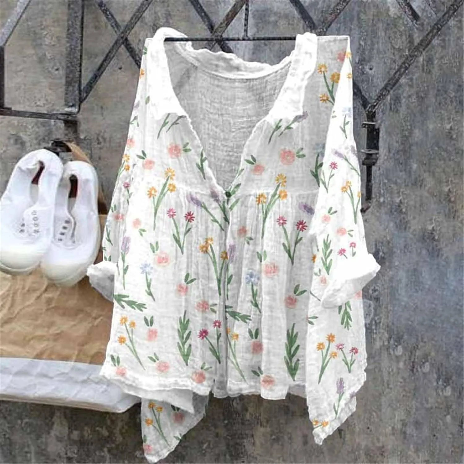 Womens Cotton Button Down Shirt Women's Floral Butterfly Print Natural Autumn Fragrant Casual Collared Blouses Loose