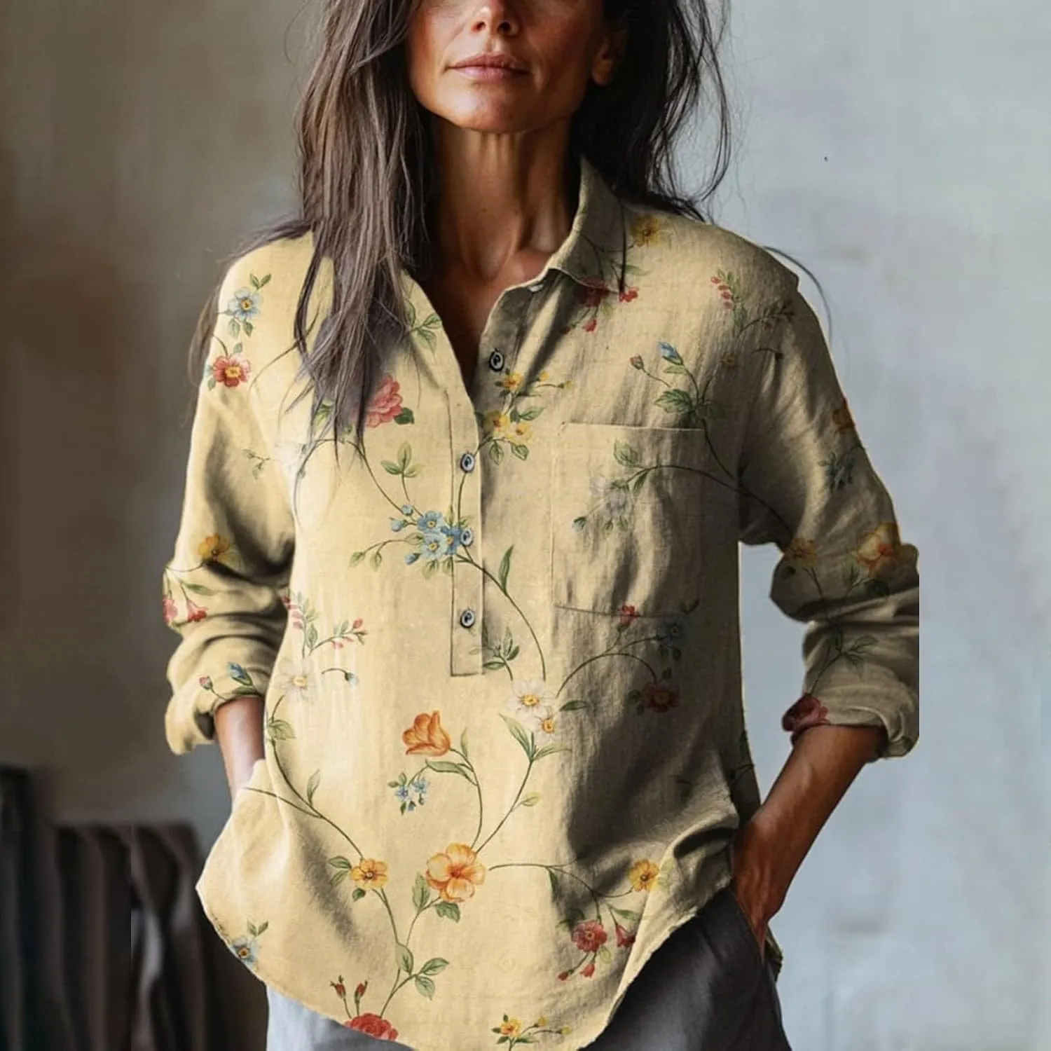 Womens Cotton Button Down Shirt Women's Floral Butterfly Print Natural Autumn Fragrant Fabric Cotton Linen Shirt