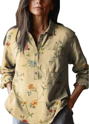 Womens Cotton Button Down Shirt Women's Floral Butterfly Print Natural Autumn Fragrant Fabric Cotton Linen Shirt