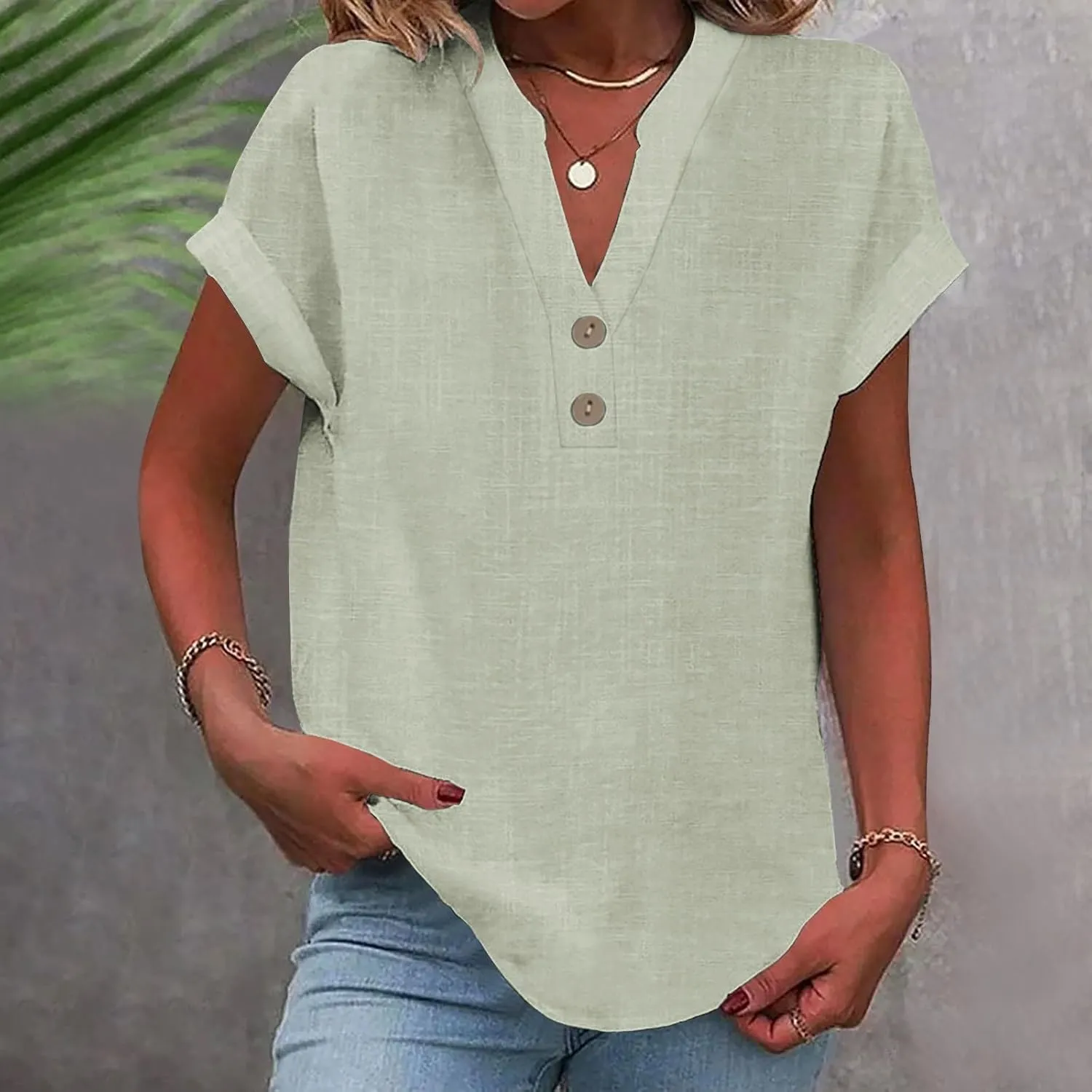 Womens Cotton Linen Blouse Short Sleeve Button V Neck Henley Shirts Lightweight Loose Fit Comfy Casual Summer T Shirt