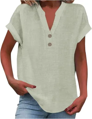Womens Cotton Linen Blouse Short Sleeve Button V Neck Henley Shirts Lightweight Loose Fit Comfy Casual Summer T Shirt