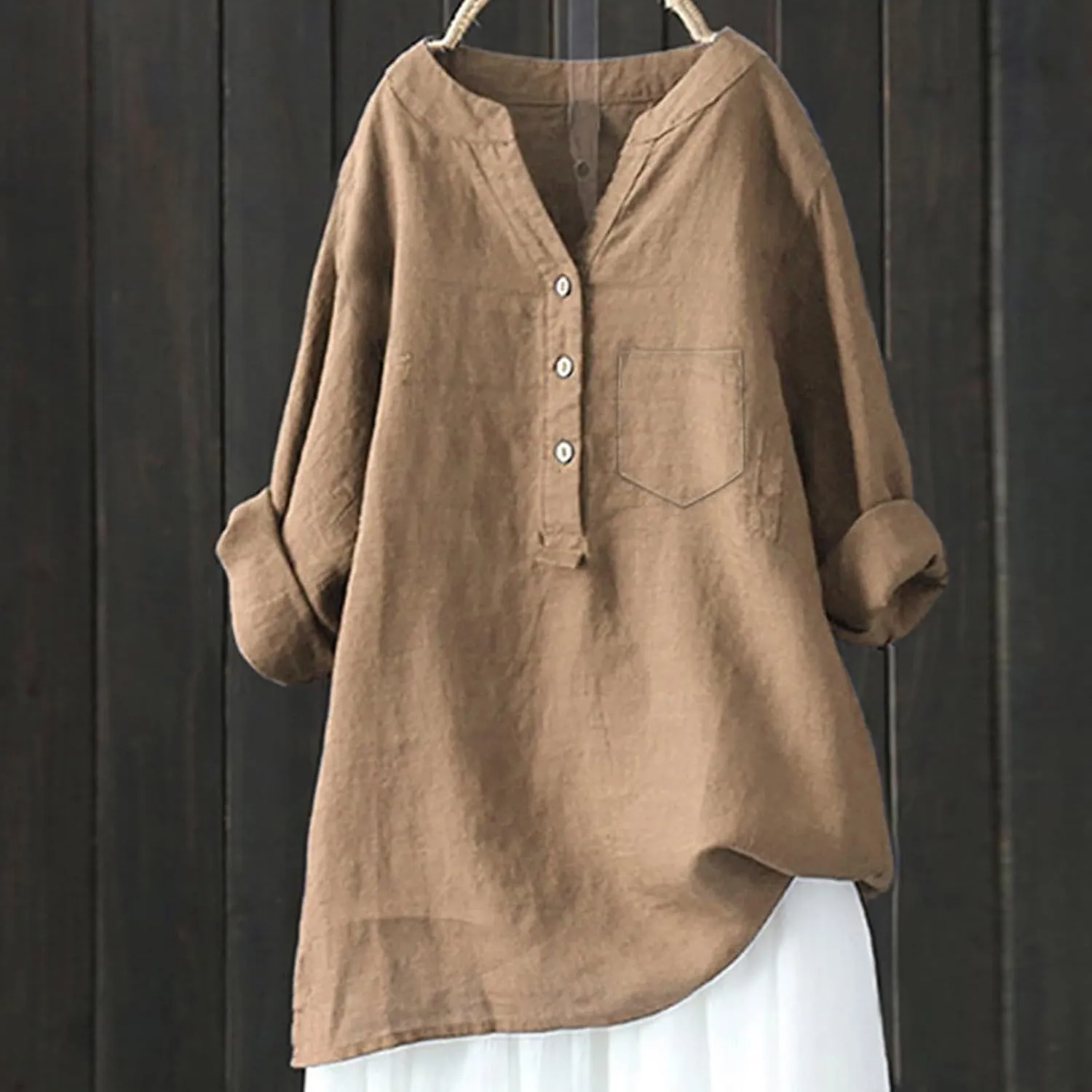 Womens Cotton Linen Shirts 3/4 Roll Up Sleeve Casual V Neck Button Up Dressy Blouses Summer Vacation Oversized Tshirt