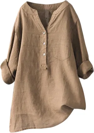 Womens Cotton Linen Shirts 3/4 Roll Up Sleeve Casual V Neck Button Up Dressy Blouses Summer Vacation Oversized Tshirt