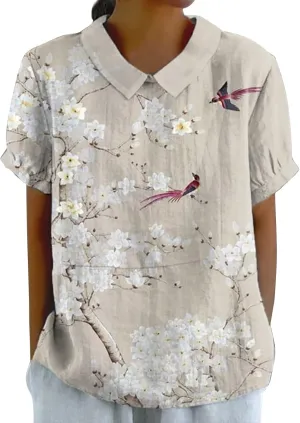 Womens Cotton Linen Shirts Lapel Neck Button Loose Pullover Top Casual Shirt T Lapel T Shirt Fall Blouse Clothes