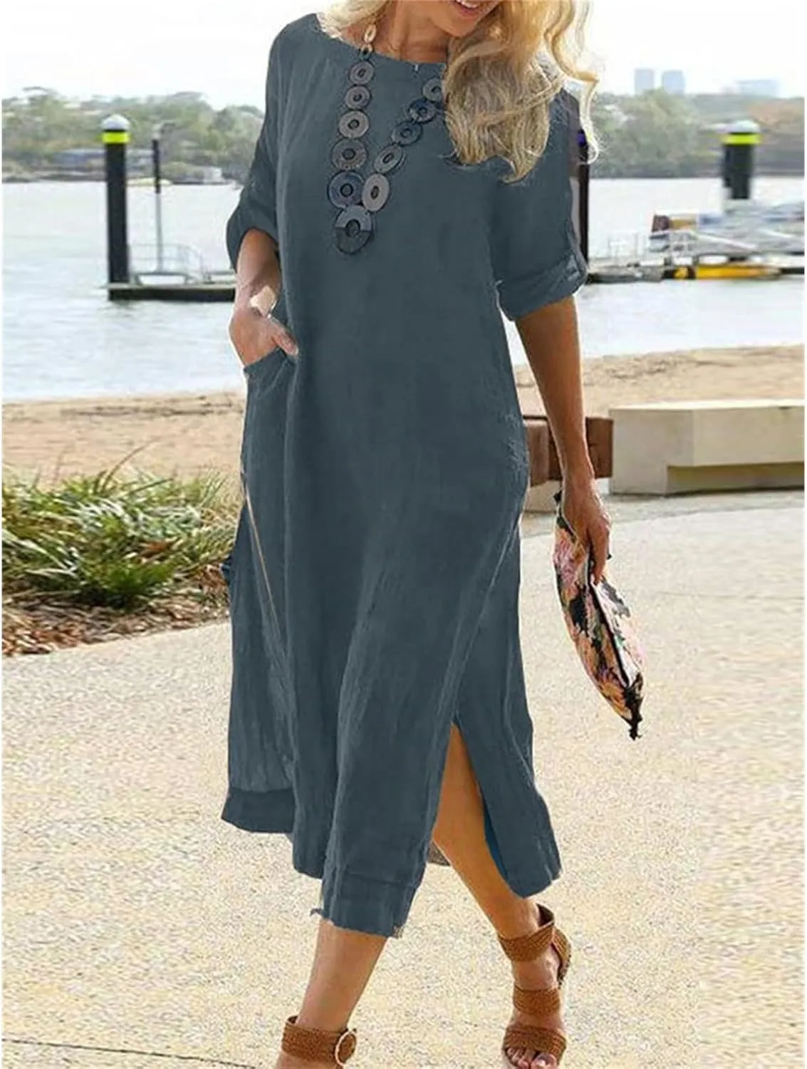 Women's Cotton Linen Short Sleeves Dress Summer Casual Roll Up Crewneck Midi Dress Solid Lounge Dresses with Pockets