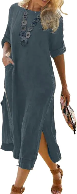 Women's Cotton Linen Short Sleeves Dress Summer Casual Roll Up Crewneck Midi Dress Solid Lounge Dresses with Pockets