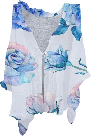 Women's Cotton Linen V-Neck Collar Women's Floral Butterfly Print Natural Autumn Casual Long Sleeve Loose Fit