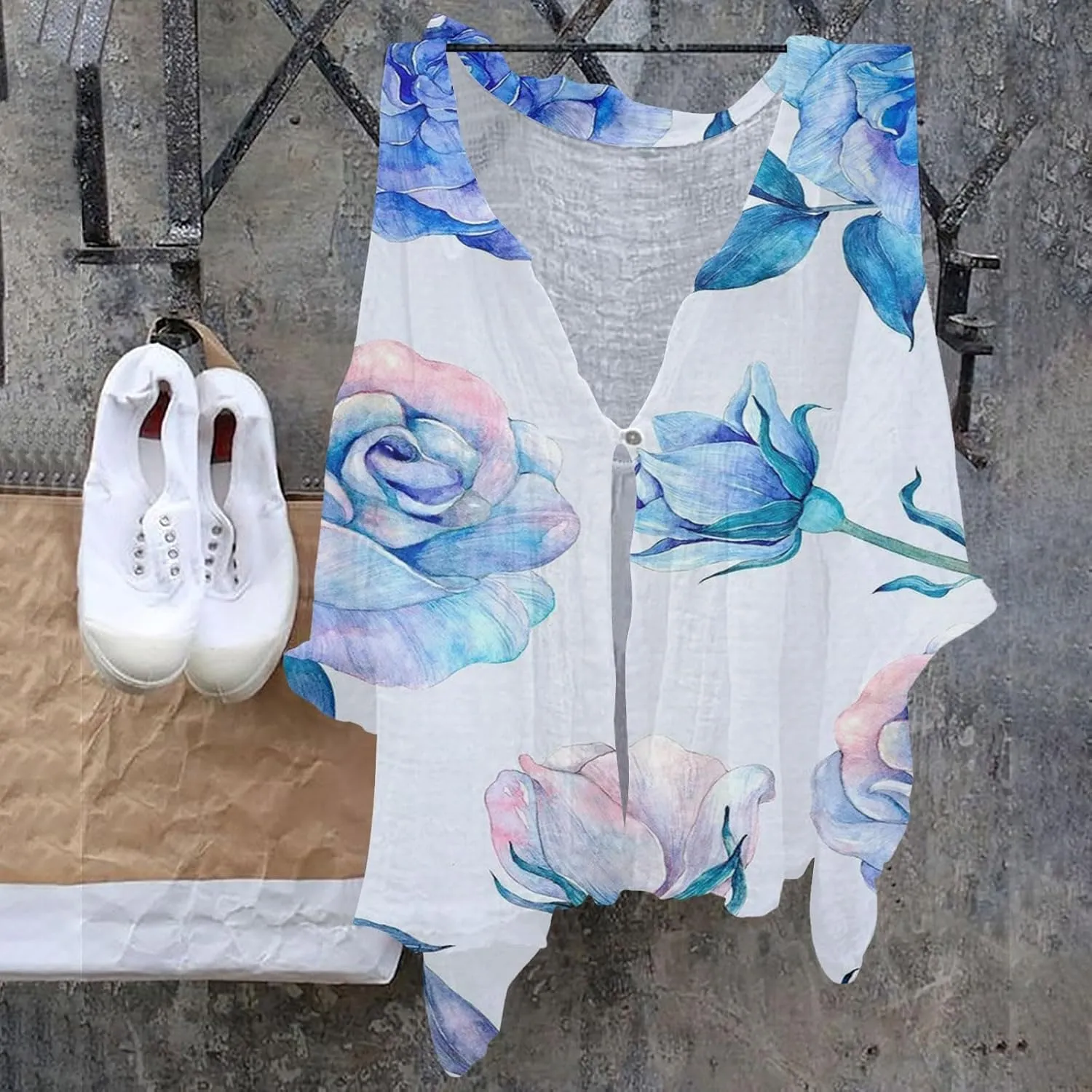 Women's Cotton Linen V-Neck Collar Women's Floral Butterfly Print Natural Autumn Casual Long Sleeve Loose Fit