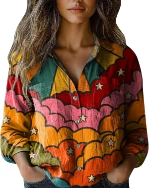 Women's Cotton Linen V-Neck Collar Women's Retro Floral Art Print Casual Long Sleeve Long Sleeve Cotton Gauze Tops