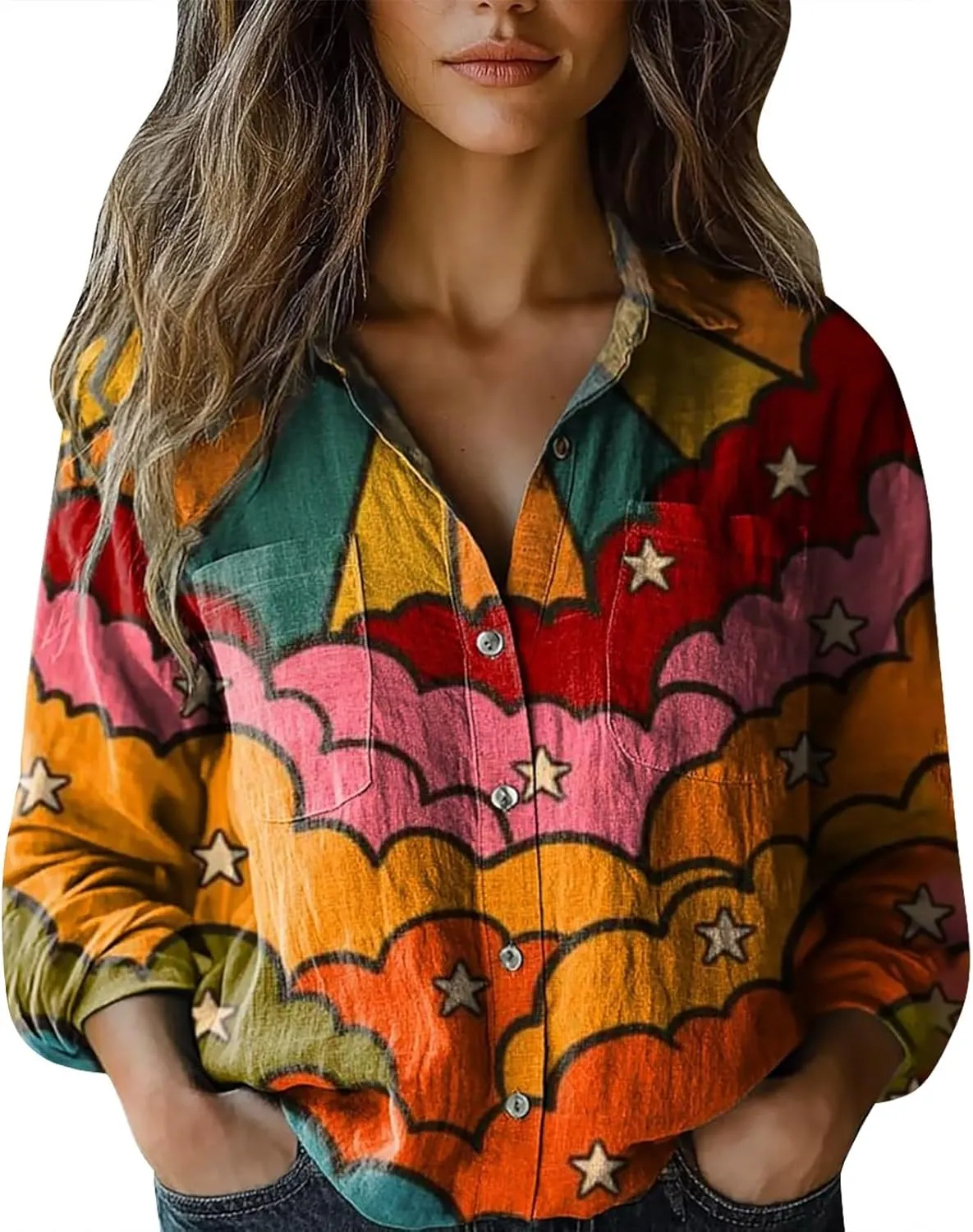 Women's Cotton Linen V-Neck Collar Women's Retro Floral Art Print Casual Long Sleeve Long Sleeve Cotton Gauze Tops