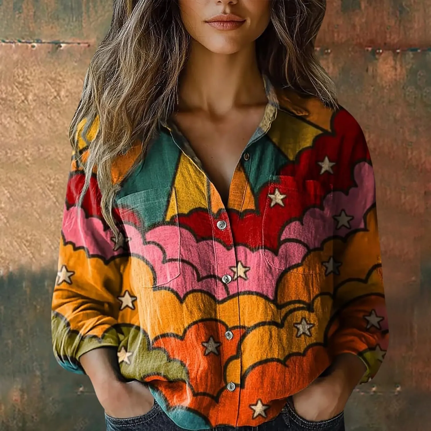 Women's Cotton Linen V-Neck Collar Women's Retro Floral Art Print Casual Long Sleeve Long Sleeve Cotton Gauze Tops