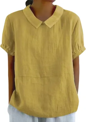Women's Cotton Shirts Cute Peter Pan Collar Blouse Women Summer Cotton Tops Puff Sleeve Casual Cotton Tunic Tops