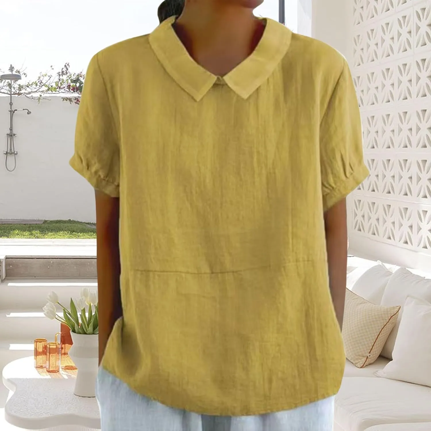 Women's Cotton Shirts Cute Peter Pan Collar Blouse Women Summer Cotton Tops Puff Sleeve Casual Cotton Tunic Tops