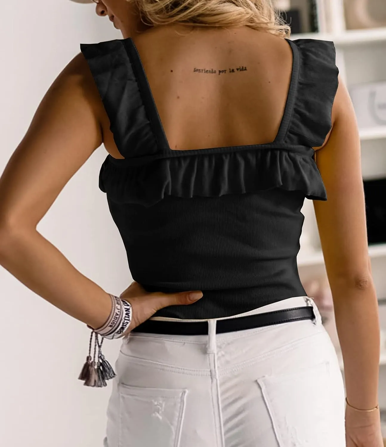 Womens Cute Sleeveless Tank Tops Ruffle Strap Square Neck Blouse Solid Color Knitted Camisole
